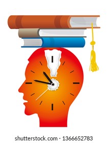 Nervous student before exams.
Stylized Illustration young man red silhouette with watch ,exclamation markand and books as graduation cap. Vector available. 