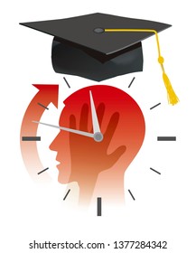Nervous student before exams,deadline concept,cartoon. Stylized Illustration of young man head silhouette holding his head, with watch and graduation cap. Vector available.