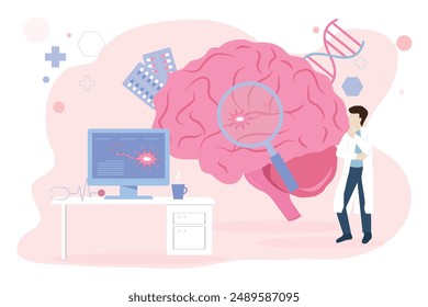 Nervous system concept. Brain and neuron anatomy connections diagnosis. Moving man doctors or scientists conduct research on brain and neural connections.