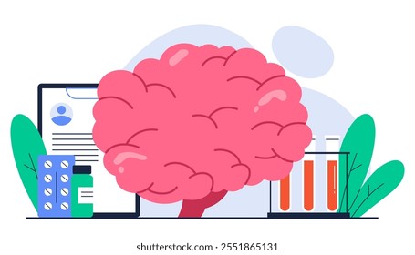 Nervous system concept. Human brain organ with medical equipment. Medical checkup at hospital. Neurology disease, healthcare, treatment. Isolated vector illustration in cartoon style