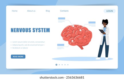 Nervous system concept. Landing page template. African Woman in medical uniform treat brain. Neurology disease diagnostics. Vector illustration in flat cartoon style.