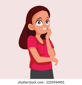 
Nervous Teen Girl Biting her Nails Vector Cartoon Illustration. Stressed student panicking feeling awkward, anxious and insecure
