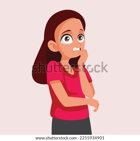 
Nervous Teen Girl Biting her Nails Vector Cartoon Illustration. Stressed student panicking feeling awkward, anxious and insecure

