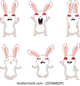 Nervous white rabbit in different poses and expressions set.