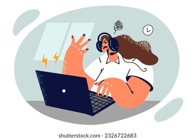 Nervous woman call center specialist sits at table with laptop and uses headset for consultation and support work. Call center agent who calls potential buyer hears aggressive response