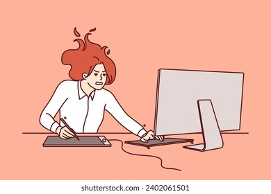 Nervous woman freelancer sitting at computer, feeling pressure due to tight deadlines to complete project. Girl with shaggy hair is located at office desk with monitor trying to meet deadlines