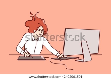 Nervous woman freelancer sitting at computer, feeling pressure due to tight deadlines to complete project. Girl with shaggy hair is located at office desk with monitor trying to meet deadlines