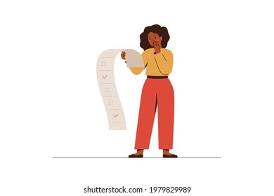 Nervous woman holds to-do list with red ticks. African American female employee has no time to do her work tasks. Deadline and time management concept. Vector illustration