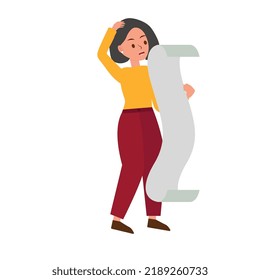 Nervous woman holds to-do list with red ticks. American female employee has no time to do her work tasks. Deadline and time management concept. Vector illustration
