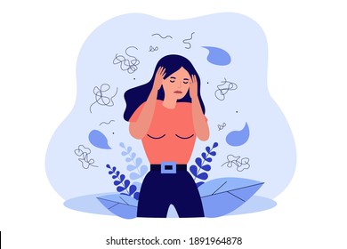 Nervous woman with mental problem feeling anxiety isolated flat vector illustration. Cartoon character having headache and touching head surrounded by thinks. Neurosis and depression concept