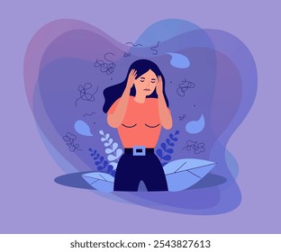 Nervous woman with mental problem feeling anxiety isolated flat vector illustration. Cartoon character having headache and touching head surrounded by thinks. Neurosis and depression concept