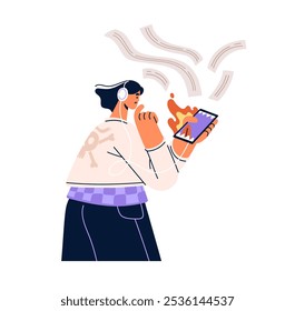 Nervous woman with smartphone addiction endless scrolling social networks, read news feed. Person spend time online, surfing internet in phone. Doomscrolling concept. Flat vector illustration on white