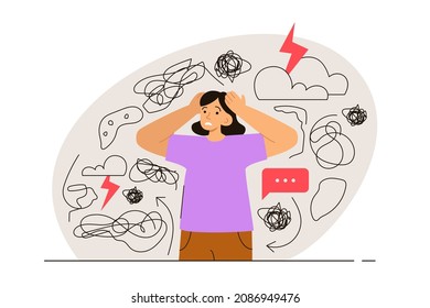 Nervous woman touching head surrounded by problems and anxiety thoughts. Phobia, psychological problem and mental health concept. Modern flat vector illustration