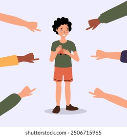 Nervous young boy amid pointing hands, illustrating playful exclusion in cartoon style