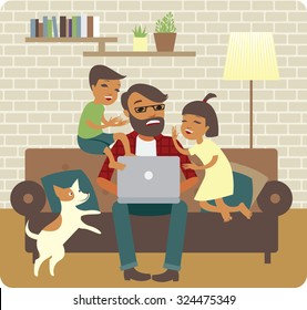 Nervous young father trying to work at home