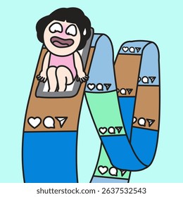Nervous Young Lady Riding A Social Media In An Infinite Loop Concept Cartoon Character illustration