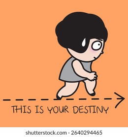 Nervous Young Lady Walking On The Destiny Dotted Line Concept Card Character illustration Concept Cartoon Character illustration