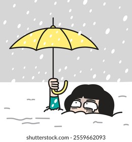 Nervous Young Woman Buried Under Heavy Snowfall Concept Card Character illustration