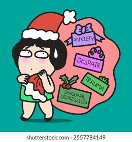 Nervous Young woman With Her Stressful Festive Season. Christmas Concept Cartoon Character illustration