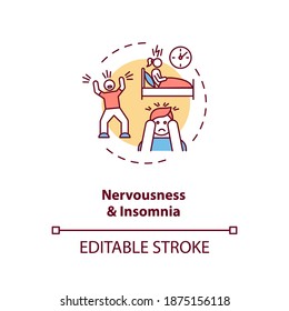 Nervousness and insomnia concept icon. Nervous exhaustion idea thin line illustration. Sleeplessness. Restlessness. Stress and anxiety. Vector isolated outline RGB color drawing. Editable stroke