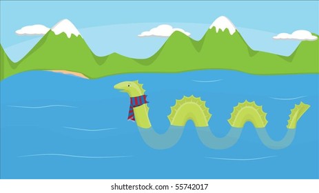 Nessie in the cold Loch Ness in Scotland. Editable vector file.