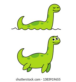 Nessie, Loch Ness monster, cute cartoon drawing. Funny green swimming dinosaur (plesiosaur). Isolated vector illustration.