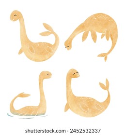 Nessie o el Monstruo del Lago Ness . Lindos personajes de dibujos animados de dinosaurios . Diseño de pintura de acuarela . Set 15 de 20. Vector.