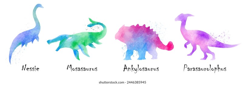 Nessie, Mosasaurus, Ankylosaurus, Parasaurolophus dinosaurs . Colorful silhouette watercolor painting style . Set 4 of 5 . Illustration .