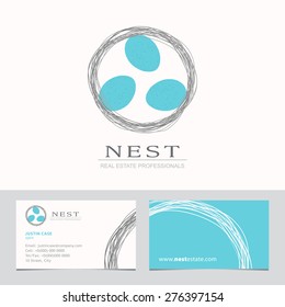 Nest With Bird Eggs. Business Sign & Business Card Vector Template For Real Estate Agency, Architecture Bureau, Home Decor Boutique, Home Insurance, Building & Renovation. Corporate Web Site Element.