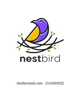 Nest bird nature leaf line outline logo design icon Premium