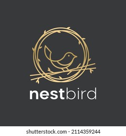 Nest bird nature leaf line outline logo design icon Premium