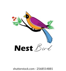 Nest bird nature leaf line outline logo design icon Premium.