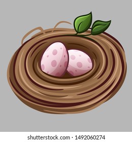 Nest of birds with eggs. Isolated on gray. Vector illustration