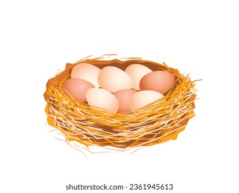 Nido con huevos de pollo aislados en blanco, ilustración vectorial