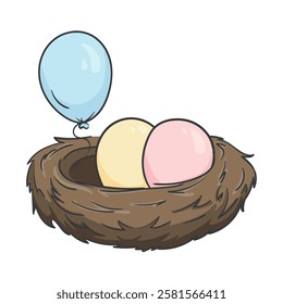 Nest with colored eggs and balloons. Color vector illustration isolated on white background. Editable image for children's book, sticker, poster