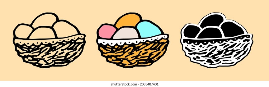 A nest with colored eggs for Easter. A set of hand-drawn doodle-style, multicolored eggs in a yellow nest with a napkin, an isolated black outline and a silhouette on yellow for a design template
