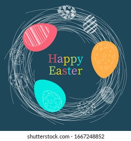 Nest with colored eggs. Greeting card for Easter.