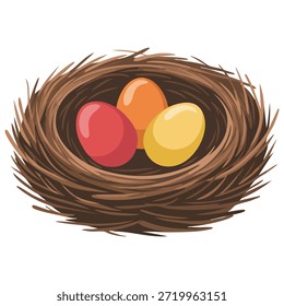 Nido con coloridos huevos de Pascua aislados en blanco