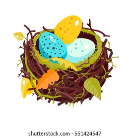 Nest with colorful eggs and dry leaves vector 