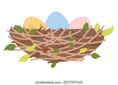 Nest with colorful eggs, vector illustration. Nesting party. Easter holidays. Spring, leaves, cozy nest. Flat vector style