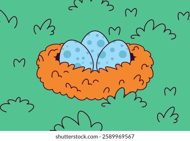 A nest containing blue eggs surrounded by greenery in cartoon vector hand drawn illustration ideal for spring and nature