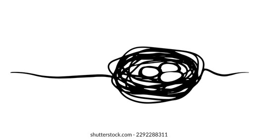 Nido en línea continua de diseño de dibujo conjunto. Borde de la línea del perro con nido y huevo. Diseño lineal negro minimalista aislado sobre fondo blanco. Ilustración del vector