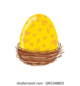 Nest with Easter beautiful eggs on a white isolated background in a flat style, cartoon. Vector Easter drawing. Easter, holiday, sticker, decoration, printing on bags, t-shirts.