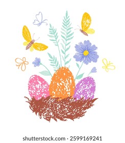 Nest with easter egg, flower, butterfly. Egg basket vector. Happy Easter gift greeting card. Crayon color bird nest background. Spring grass and flower illustration. Cute decoration bg, hunt pattern