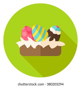 Nest with Easter Eggs with Decor Circle Icon. Flat Design Vector Illustration with Long Shadow. Spring Christian Holiday Symbol.