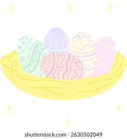 Nest with Easter eggs of different colors with patterns
