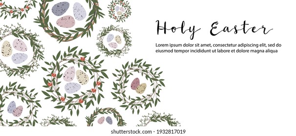 Nest with Easter eggs. Eco rustic decoration. Holy Easter celebration preparation. Vector flat cartoon illustration. Perfect for landing page, banner design