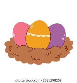 Nest with Easter eggs, isolated on white. Flat vector illustration in children's style