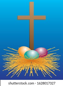 Nest with easter eggs on the background of the cross. Easter card