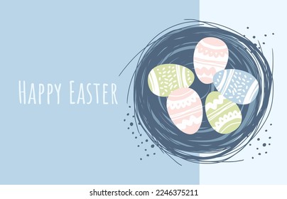 Nido, huevos de Pascua con ornamentos rosas, verdes, azules, inscripciones en fondo azul y azul claro. Postal, invitación, afiche, cartel para la fiesta de la Pascua Feliz. Ilustración vectorial.